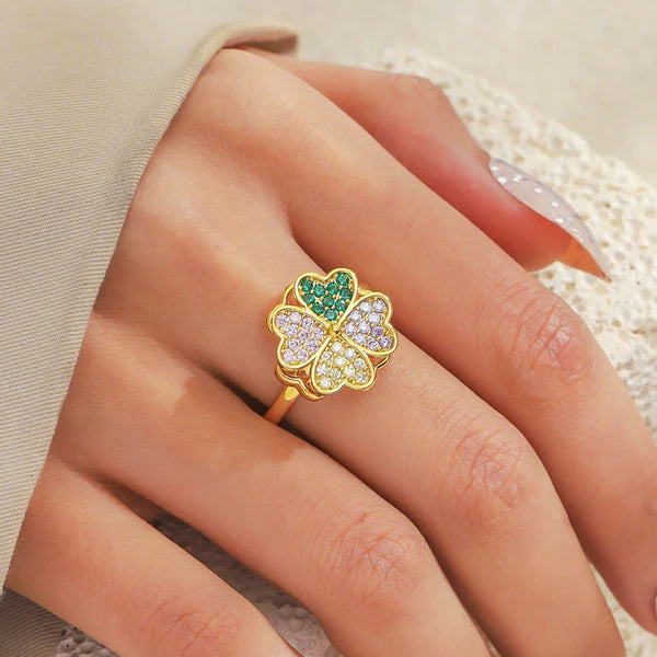 Gold Multicolor Clover Rotatable Ring