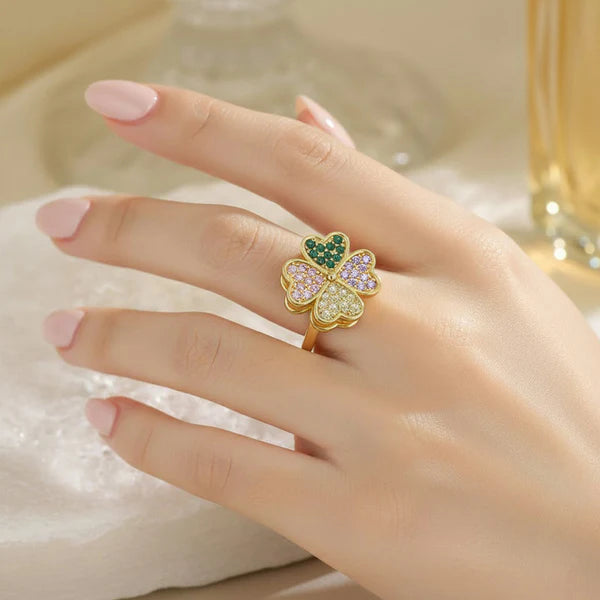 Gold Multicolor Clover Rotatable Ring