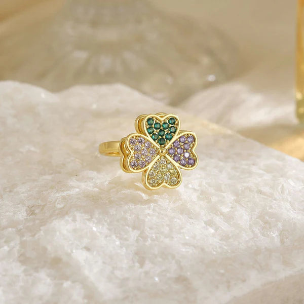 Gold Multicolor Clover Rotatable Ring