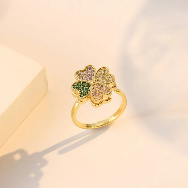 Gold Multicolor Clover Rotatable Ring