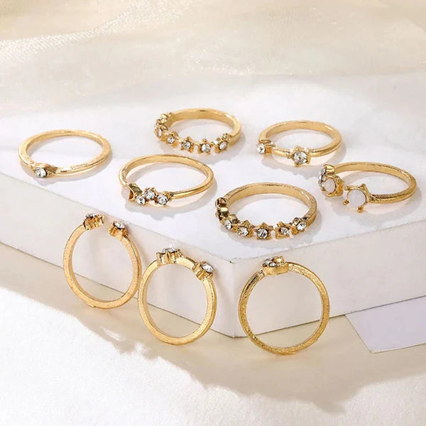 Gold Plated Moon & Star Ring Set (Pack of 9)